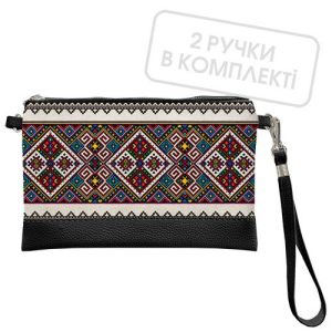 Клатч через плечо Вышивка ромбы, черная экокожа