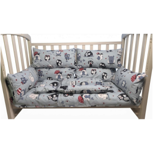 Набор текстиля для новорождённого в одном стиле Совы на сером фоне Набор текстиля для новорождённого в одном стиле Совы на сером фоне